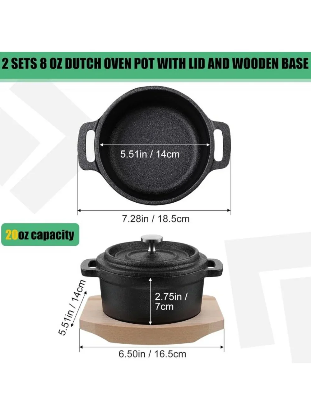 Set of 2 Pre-Seasoned 20 oz Cast Iron Dutch Ovens with Lids & Wooden Base